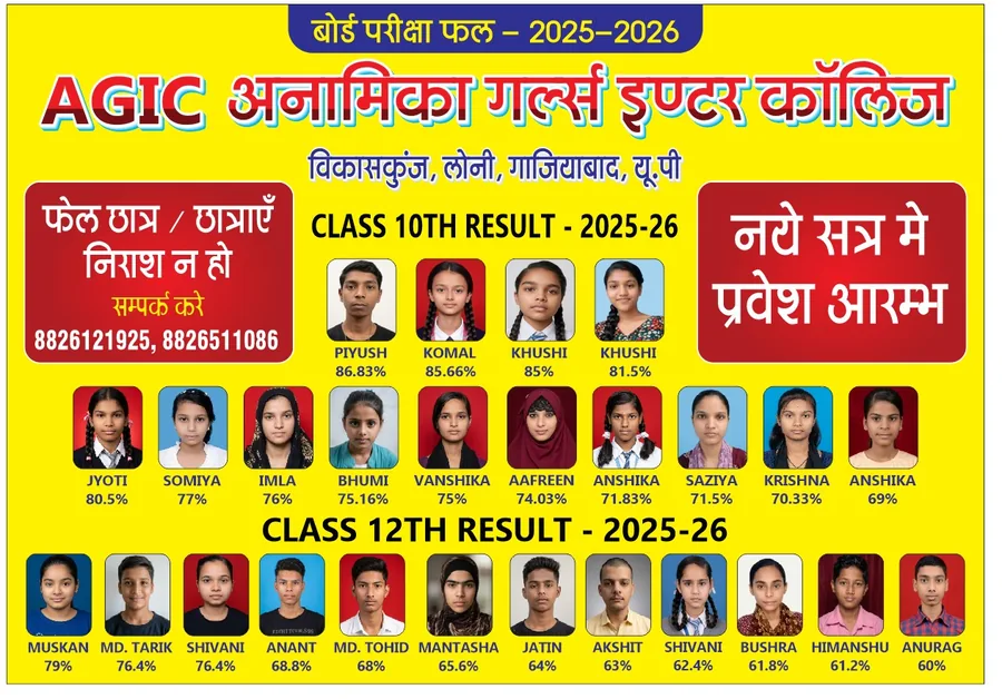 Anamika Girls Inter College board examination results for session 2025-26, showing Class 10 and Class 12 toppers with their photographs and percentages